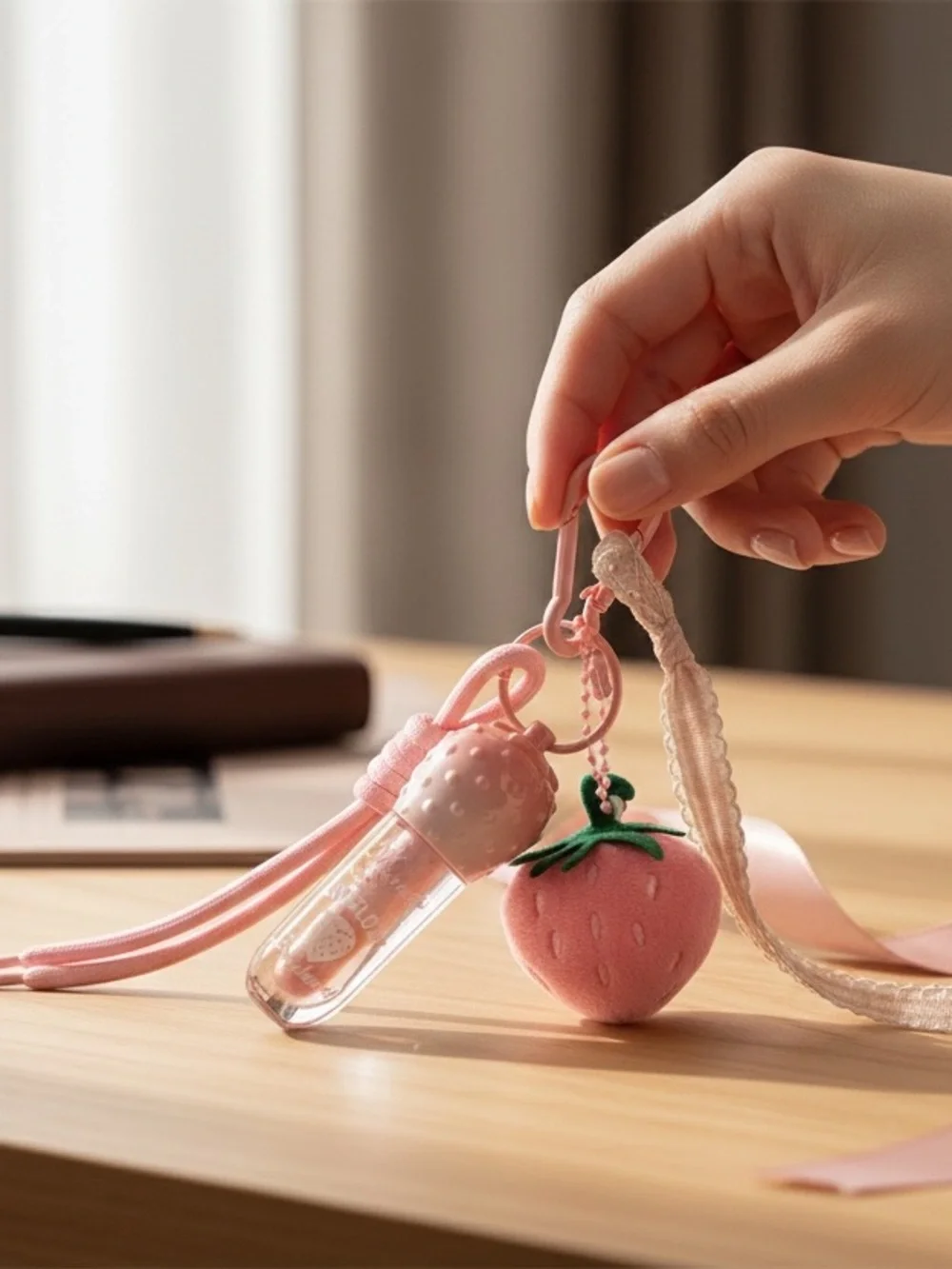 Strawberry Lip Gloss Bag charm Keychain Charm clasp